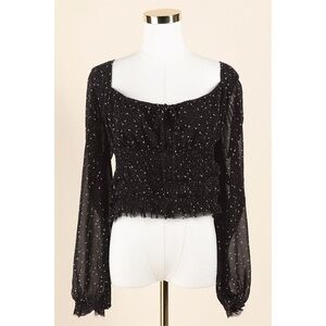 Sz M Millibon Black & White Speckled Ruffle Sleeve Raw Hem Cropped Blouse NWOT